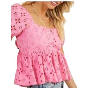 Trixxi Pink Eyelet Peplum Puff Sleeve Blouse with Tie Back